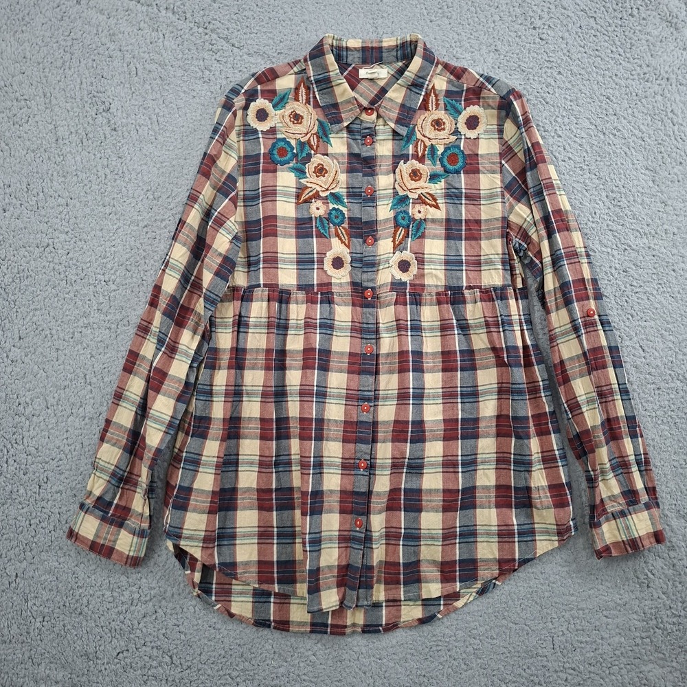 Kyla Seo Plaid Tunic‎ Dress Small Embroidered Flowers Button Up Roll Tab Sleeve
